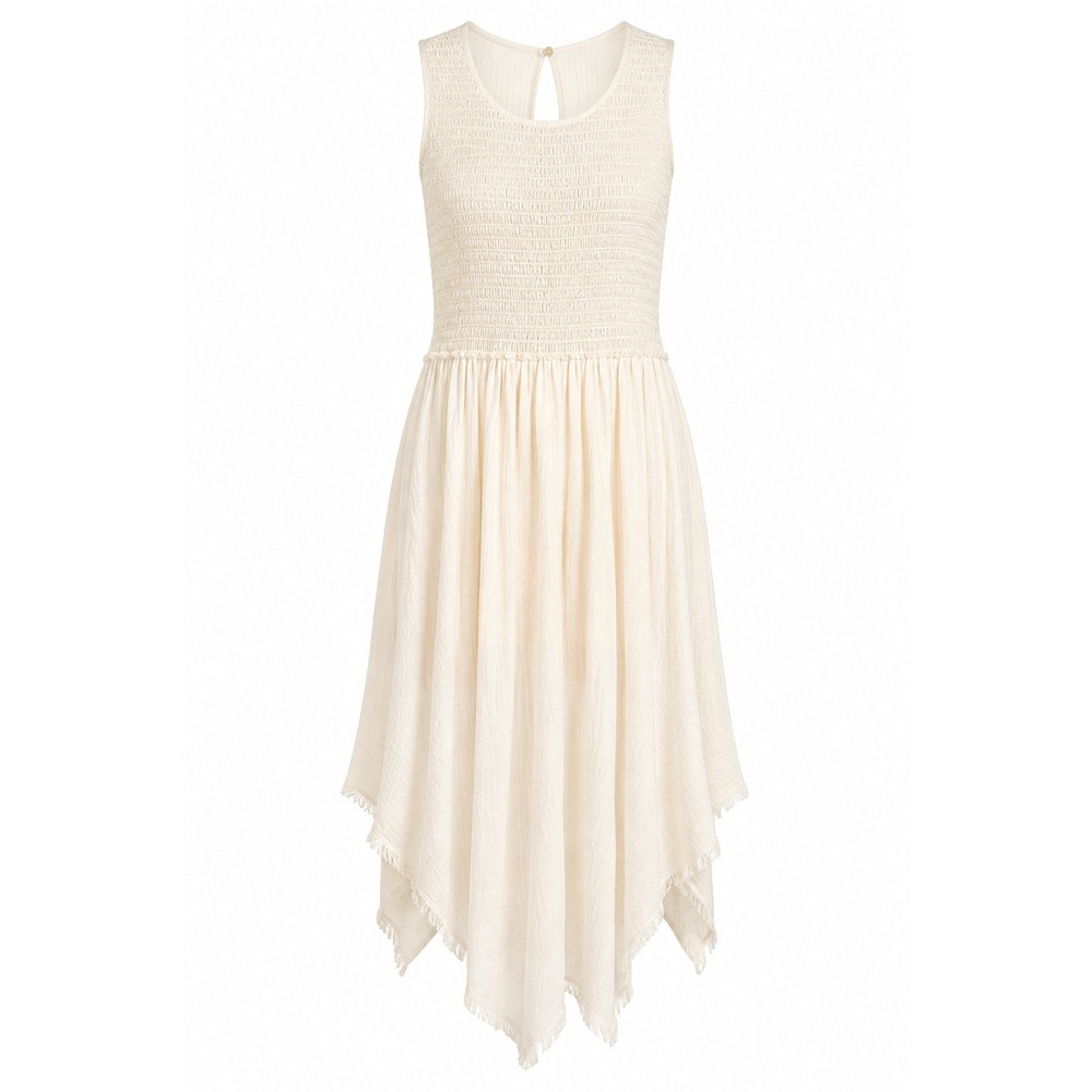 Ulla Johnson Cowrie Dress Cream Smocked Handkerchief Hem Cotton Plisse Sheer 6
